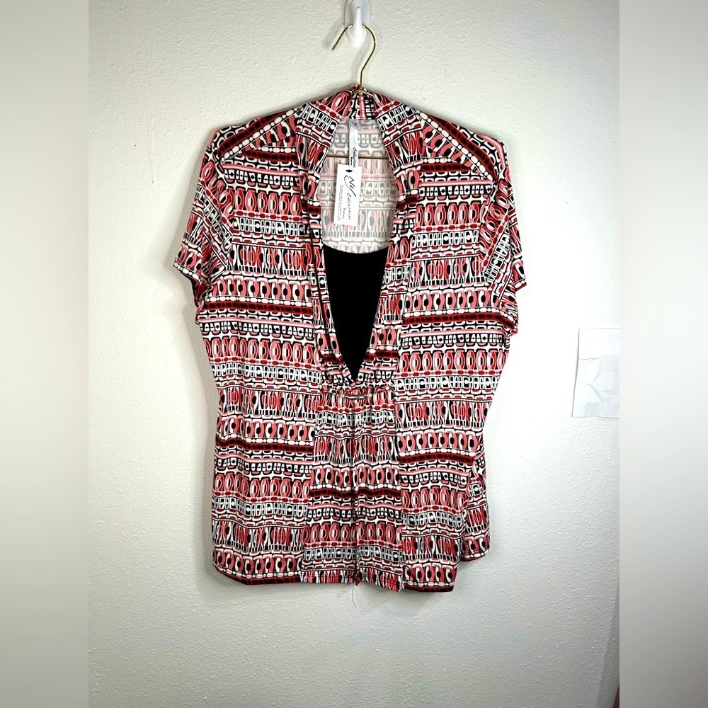 NY Collection Plus Size 1X Geometric Print Short Sleeve Blouse Top Stretchy